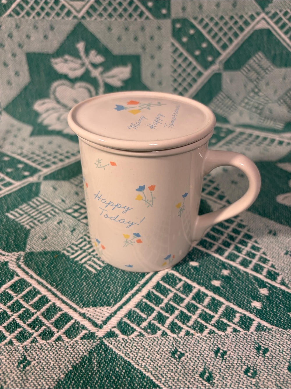 1983 Hallmark Tea Mug with Lid - “Happy Today! Many Happy Tomorrows!”
